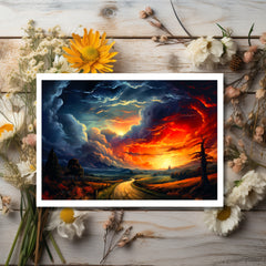 Embracing the Storm: The Road Home Beneath the Fiery Sunset Greeting Card