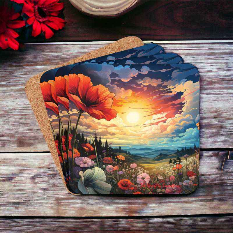 Eternal Beauty: Sunrise Over Wildflower Meadows Coaster Set