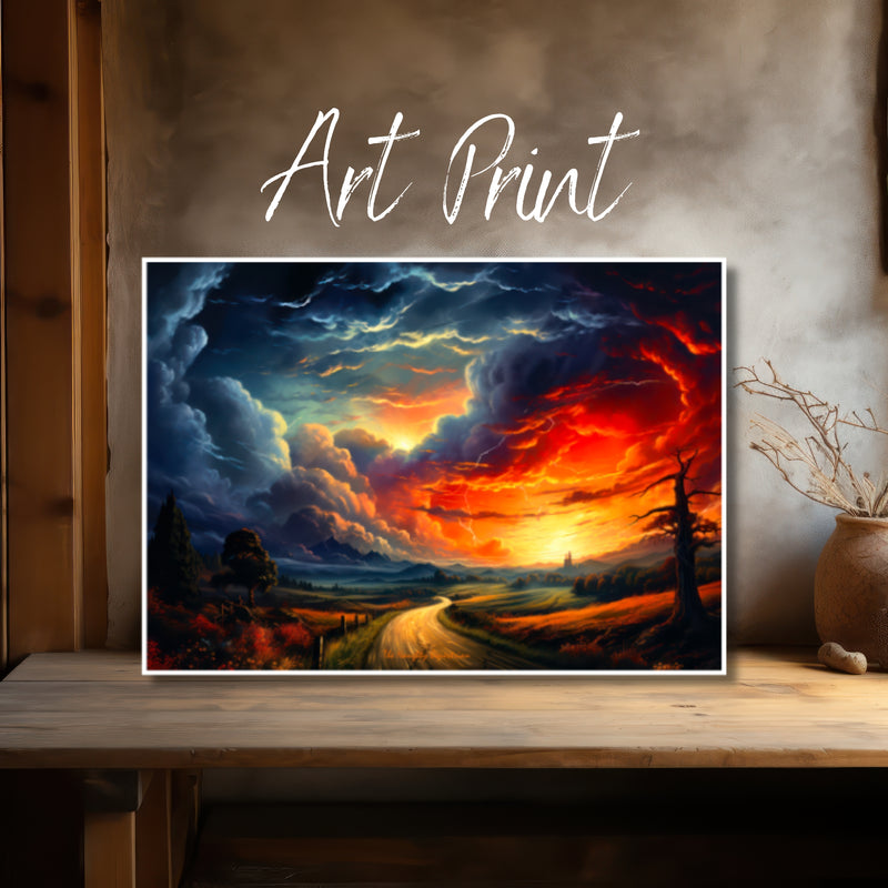 Embracing the Storm: The Road Home Beneath the Fiery Sunset Art Print