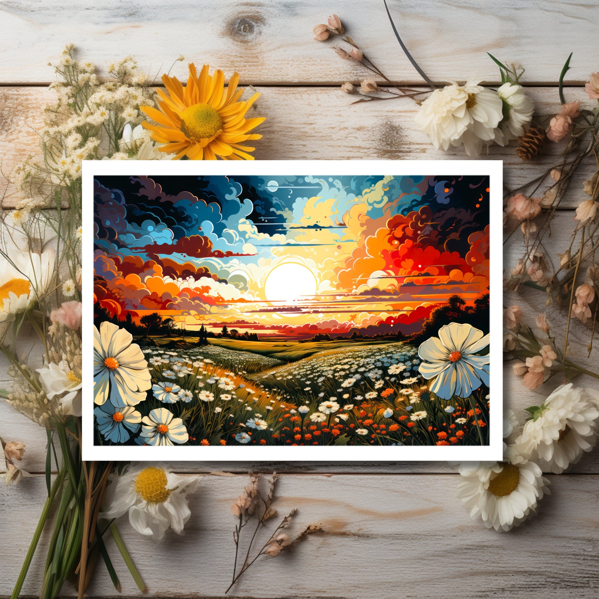 Radiant Sunrise Over Wildflower Dreams Greeting Card