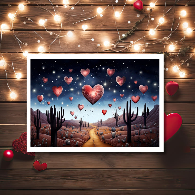 product title hearts floating in the night sky Desert Love Greeting Card