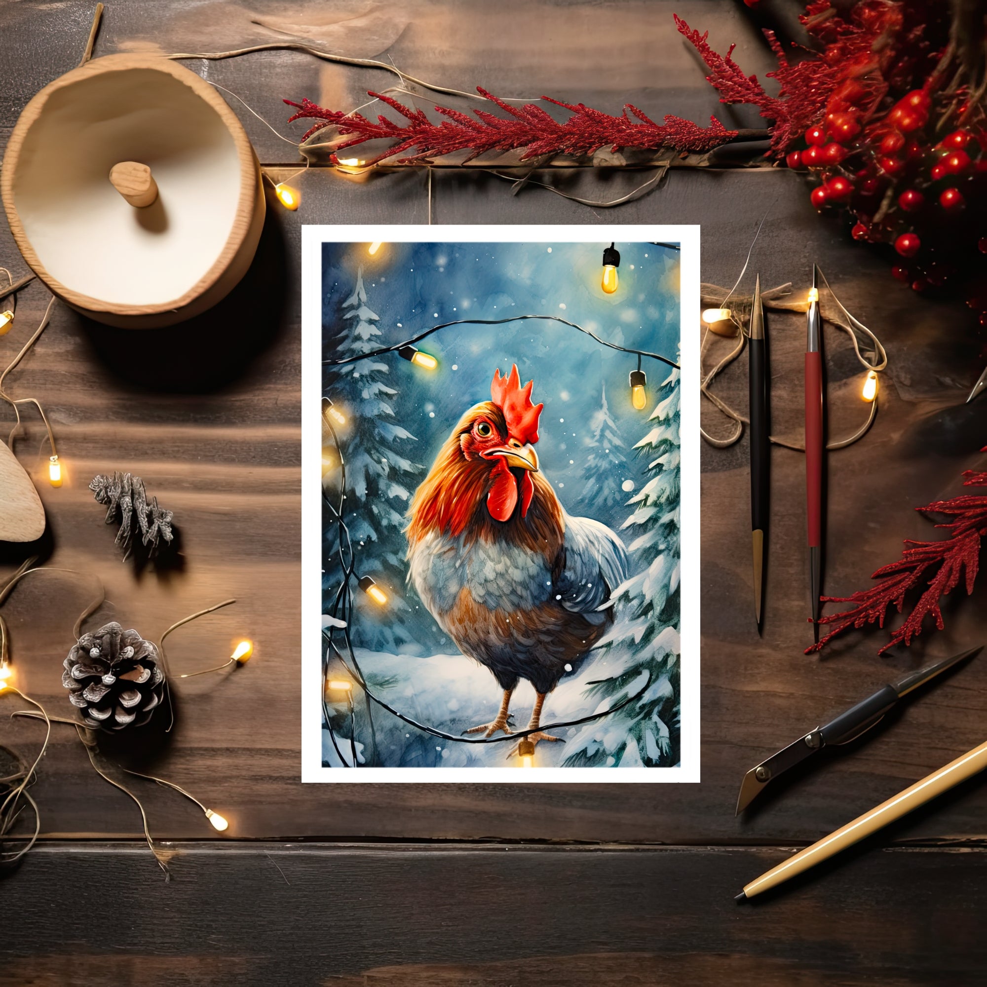 The Naughty Equestrian Wholesale Supplier Rooster Holiday Lights Christmas Card