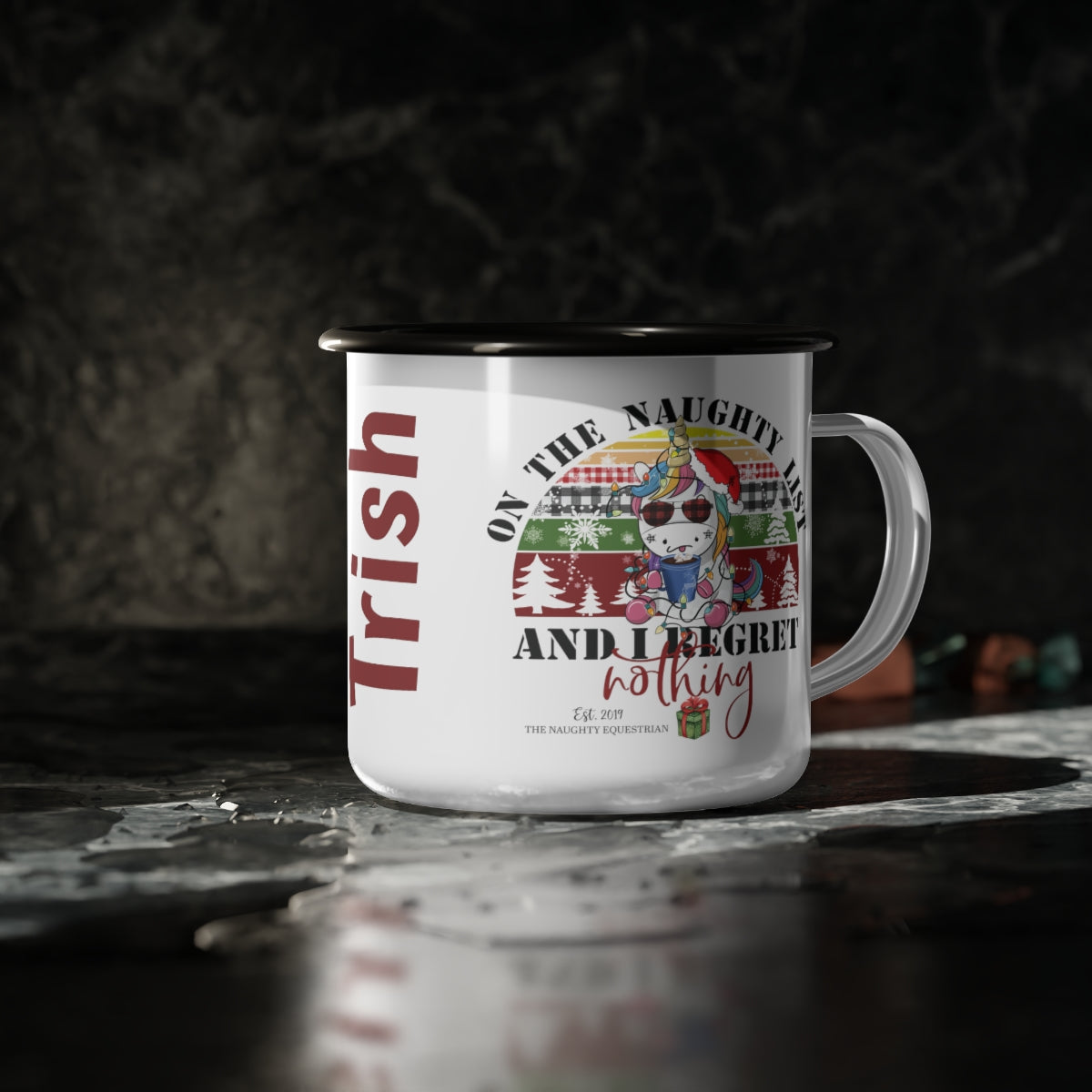 Personalized On the Naughty List Enamel Horse Coffee Cup - The Naughty Equestrian