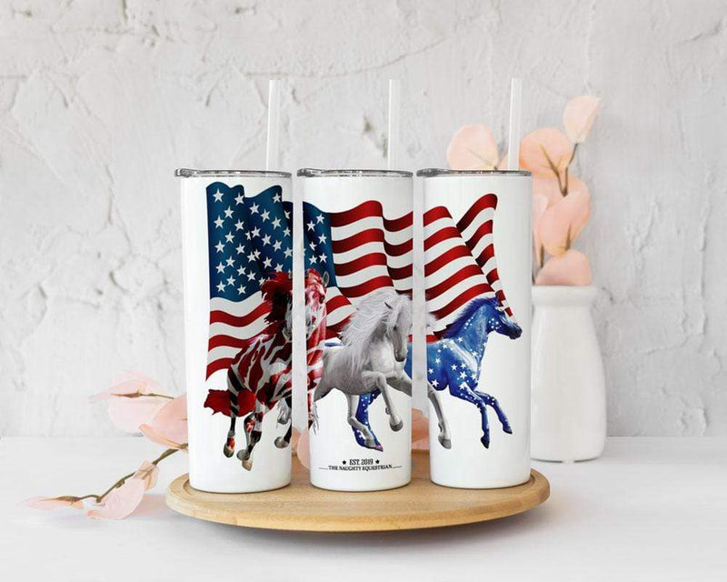 The Naughty Naughty Equestrian Drinkware, Mugs, Tumblers Flag Horses Naughty Skinny Tumbler 20 oz